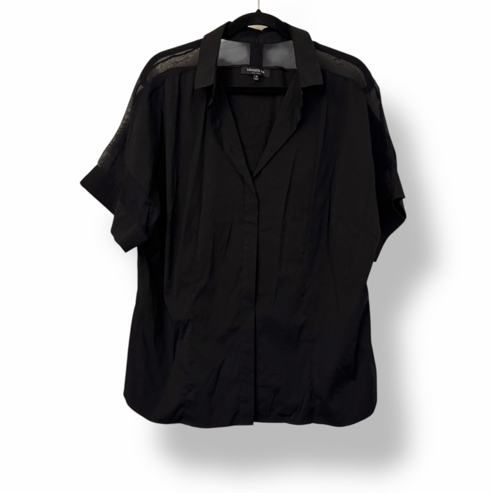 Lafayette 148 Sheer Shoulder Button Down Shirt Black